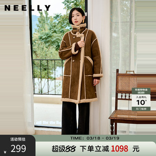 NEELLY纳俪商场同款冬季新款复古美拉德麂皮绒保暖外套女长款大衣