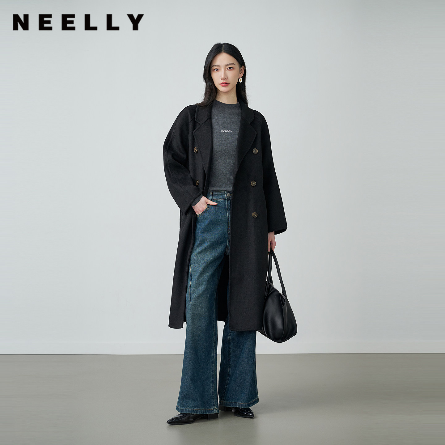 NEELLY纳俪商场同款冬新款时尚随性长款双面呢大衣女简约意式外套