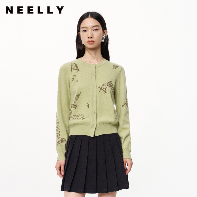NEELLY纳俪秋冬新款商场同款绵羊毛针织开衫女提花显白修身毛衣