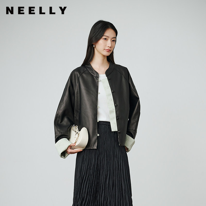 NEELLY纳俪商场同款春秋新款新中式休闲皮衣外套女优雅通勤上衣