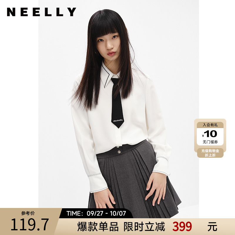 NEELLY纳俪商场同款撞色翻领白色衬衫女系带领结单排扣上衣百搭