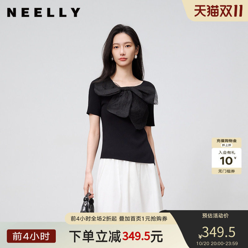 NEELLY纳俪商场同款夏新款法式气质蝴蝶结针织衫女修身显瘦短上衣