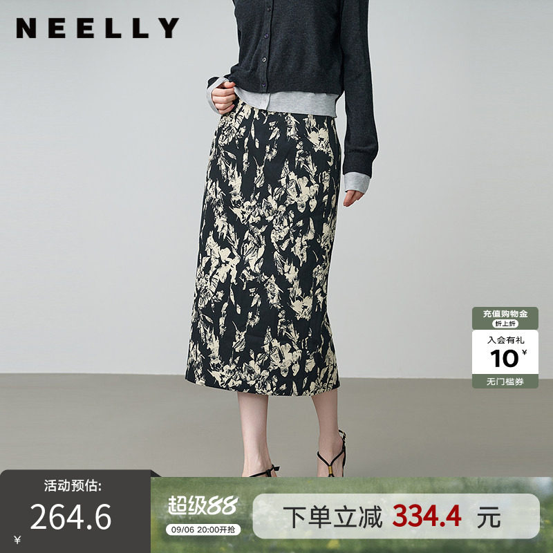NEELLY纳俪春秋新款商场同款气质花卉设计感半身裙女显瘦休闲长裙