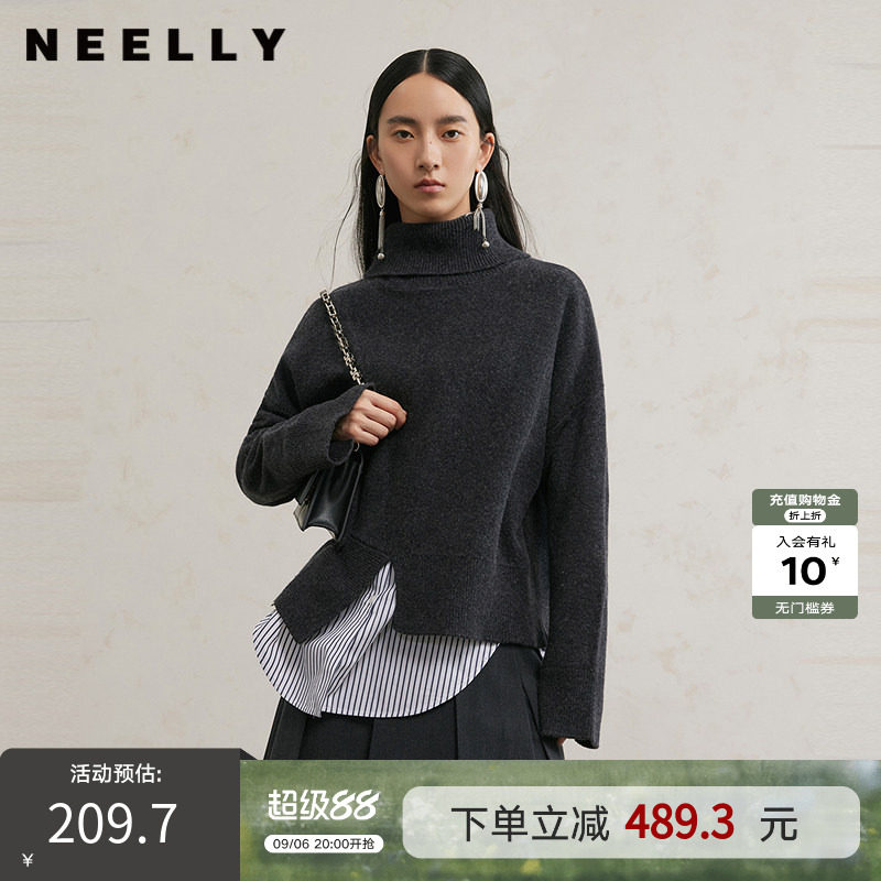 NEELLY纳俪商场同款冬季新款经典衬衫领开衩羊毛针织衫女宽松上衣