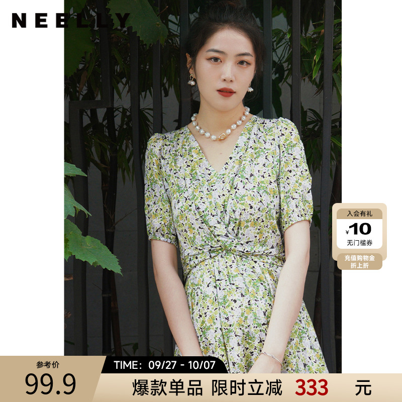 NEELLY纳俪气质V领泡泡袖连衣裙女韩版扭结设计显瘦A字裙