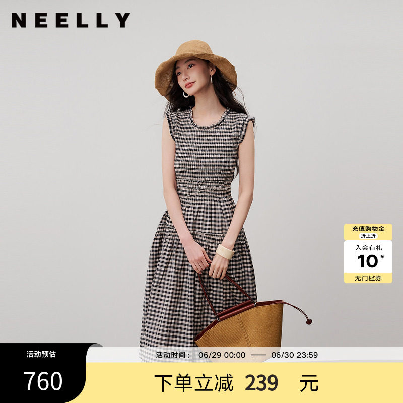 NEELLY纳俪商场同款夏新款复古黑白格连衣裙女无袖修身木耳边长裙