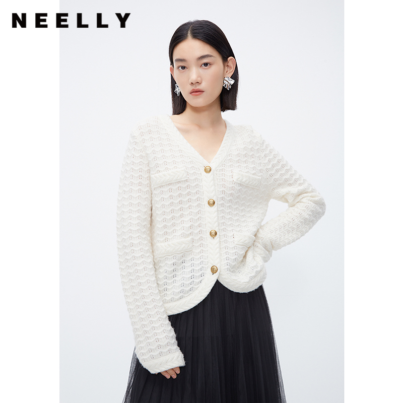 NEELLY纳俪商场同款白色奶fufu慵懒毛衣秋款温柔别致绵羊毛针织衫