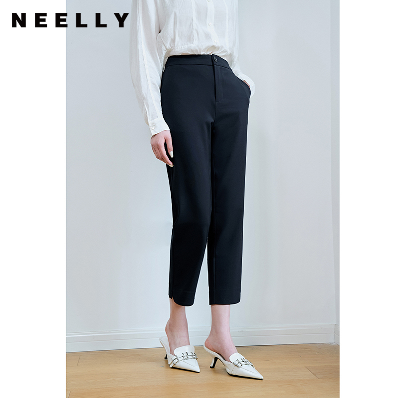 NEELLY纳俪商场同款藏青色西装裤女职业通勤垂感直筒九分裤休闲裤