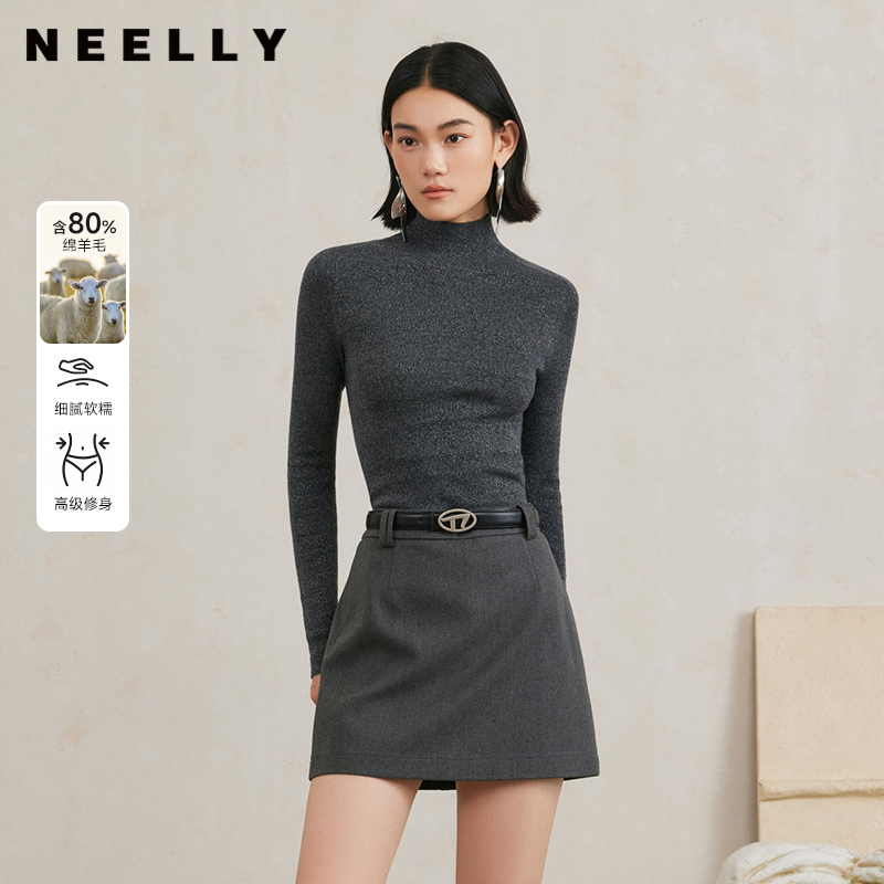 NEELLY纳俪商场同款冬季新款小高领无缝羊毛针织衫女高级灰色毛衣