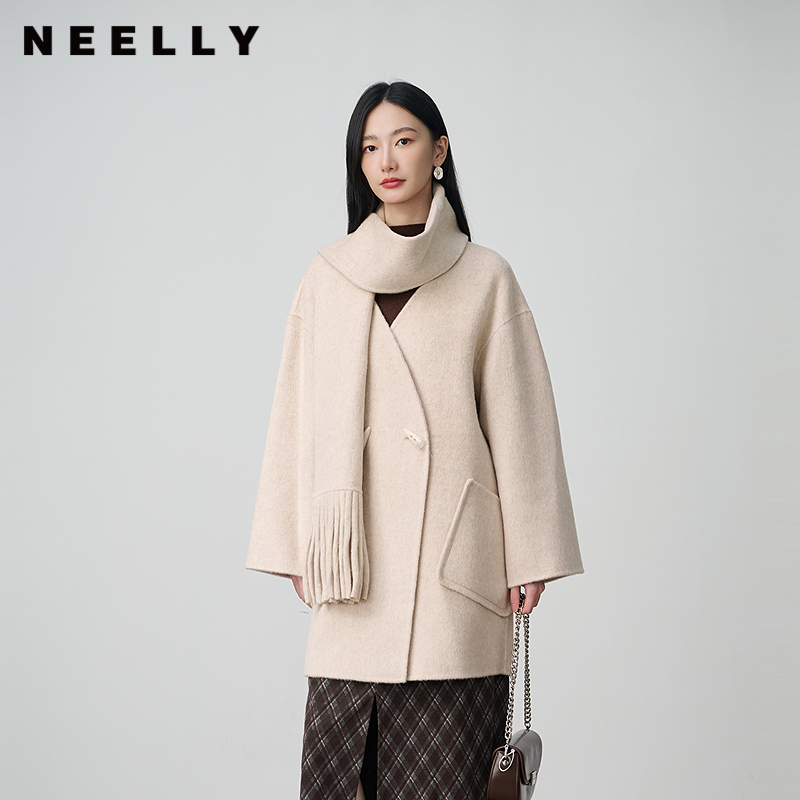 NEELLY纳俪商场同款冬新款设计感围巾毛呢大衣女减龄亲肤羊毛外套