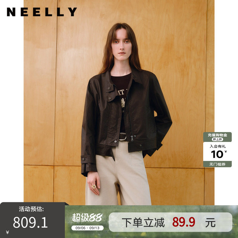 NEELLY纳俪商场同款秋季新款休闲通勤短款工装夹克女复古立体外套