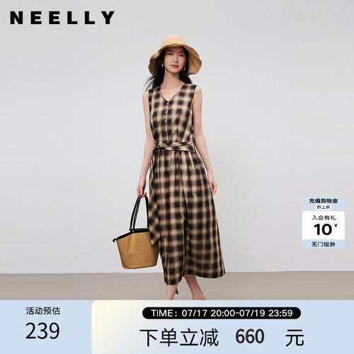 NEELLY纳俪商场同款夏季新款复古格纹无袖连衣裙女单排扣阔摆长裙