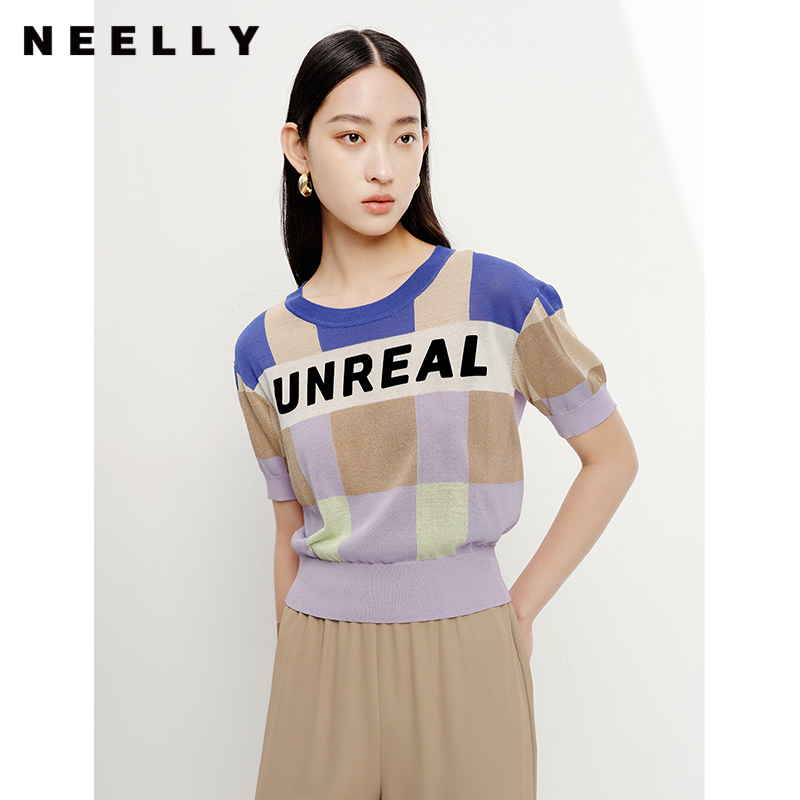 NEELLY纳俪商场同款拼色字母针织衫女夏季短袖薄款套头衫短款上衣