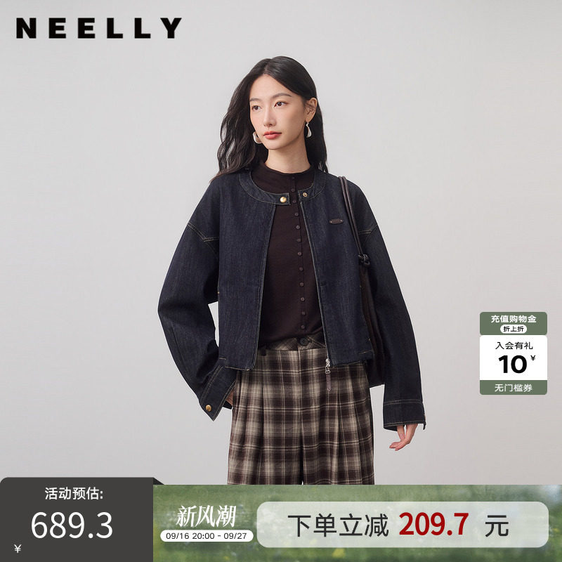 NEELLY纳俪商场同款秋新款复古松弛牛仔短外套女圆领宽松外搭夹克