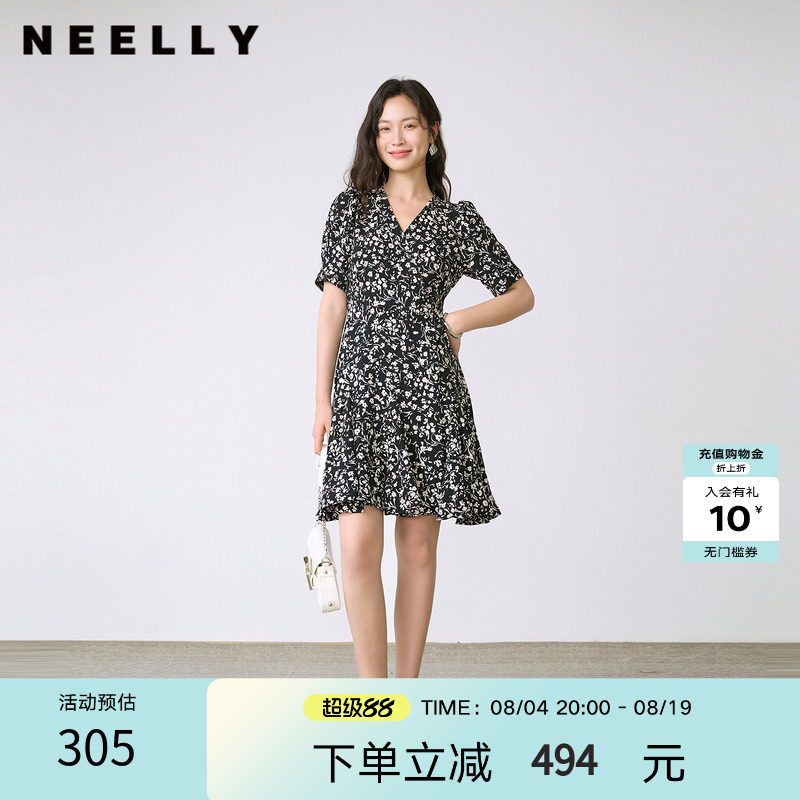 NEELLY纳俪商场同款春新款气质碎花连衣裙女V领法式优雅显瘦长裙