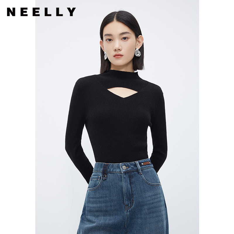 NEELLY纳俪商场同款立领镂空针织衫女冬季小心机设计感修身羊毛衫