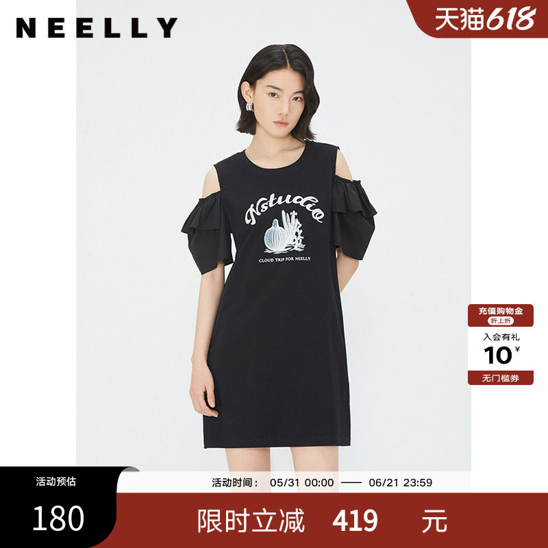 NEELLY纳俪商场同款黑色圆领露肩连衣裙女夏季纯棉印花休闲直筒裙
