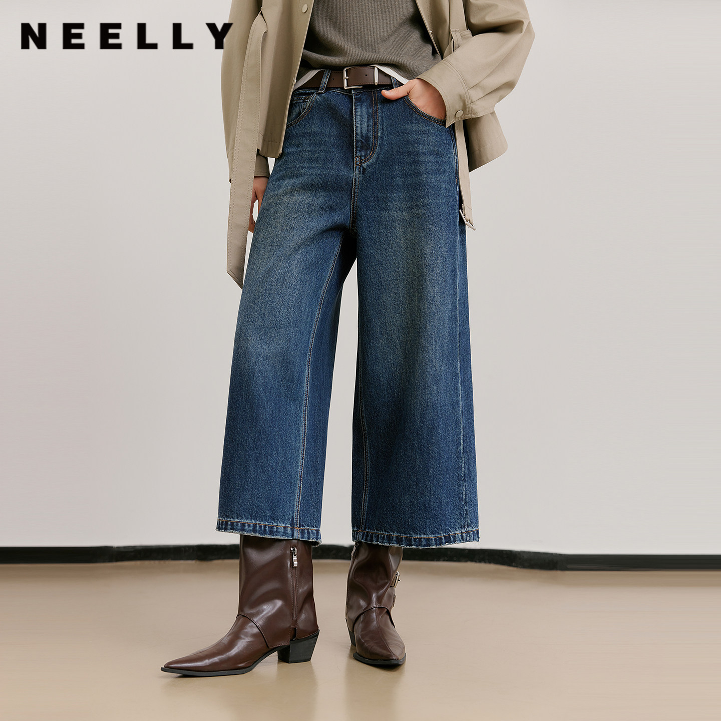 NEELLY纳俪商场同款春季新款复古随性阔腿七分裤女美式酷飒直筒裤