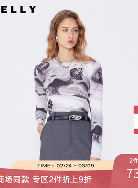 NEELLY纳俪春秋款商场同款设计感印花修身长袖T恤女显瘦内搭上衣