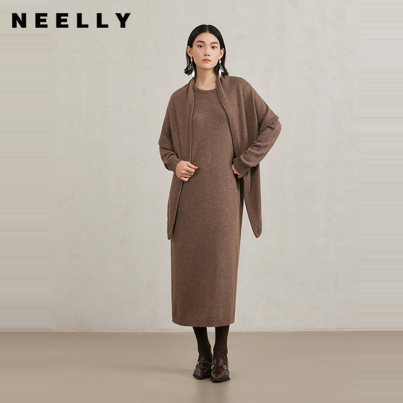 NEELLY纳俪商场同款冬季新款设计感羊毛针织连衣裙女气质通勤长裙