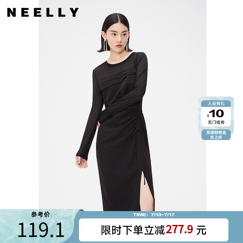 NEELLY纳俪商场同款春新款黑色抽褶显瘦连衣裙女修身开叉长袖长裙