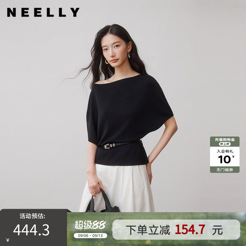 NEELLY纳俪商场同款秋季新款斜肩蝙蝠袖针织衫女宽松慵懒收腰上衣