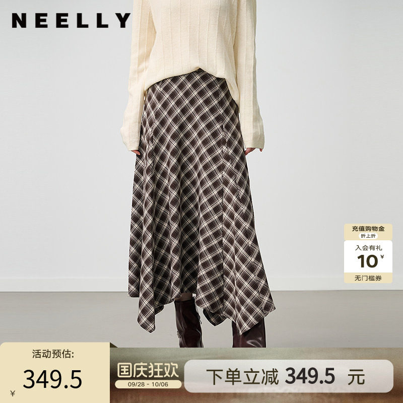NEELLY纳俪商场同款冬新款不规则复古格纹高腰半身裙女百搭中长裙