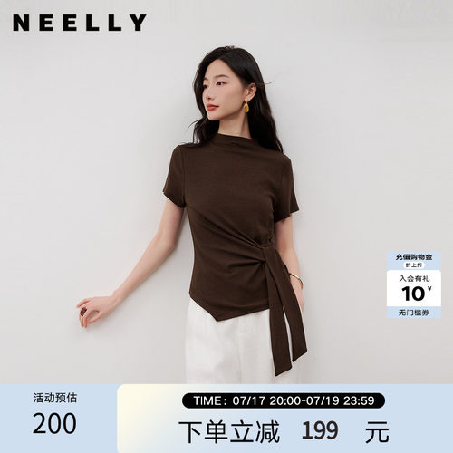 NEELLY纳俪商场同款秋季新款气质半高领绑带短袖女收腰显瘦上衣