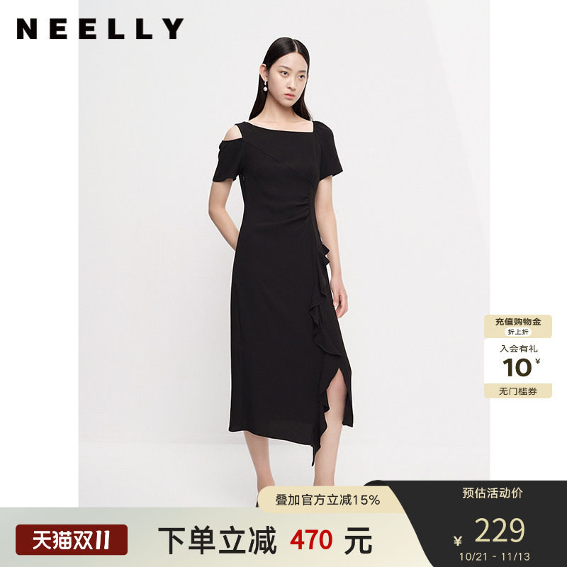 NEELLY纳俪商场同款夏季新款时尚修身连衣裙女百搭收腰开衩长裙