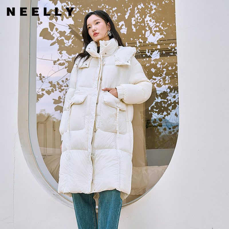 NEELLY纳俪商场同款冬新款直筒保暖显瘦长款连帽外套女舒适羽绒服