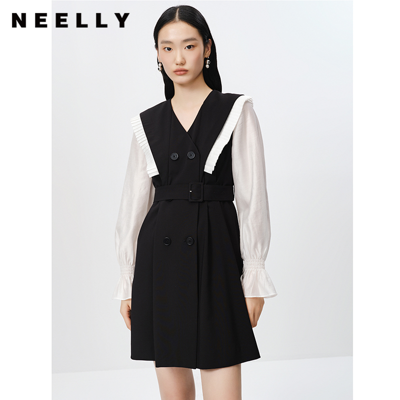 NEELLY纳俪商场同款气质木耳边连衣裙女双排扣收腰A字裙中长款