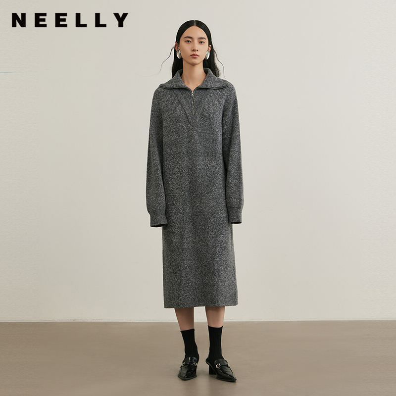 NEELLY纳俪商场同款冬季新款气质休闲针织连衣裙女舒适显瘦连衣裙