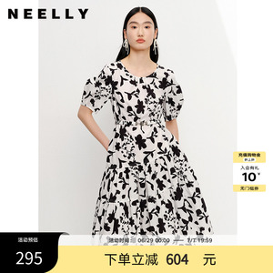 NEELLY纳俪商场同款夏季法式黑白碎花连衣裙女中长款收腰A字裙