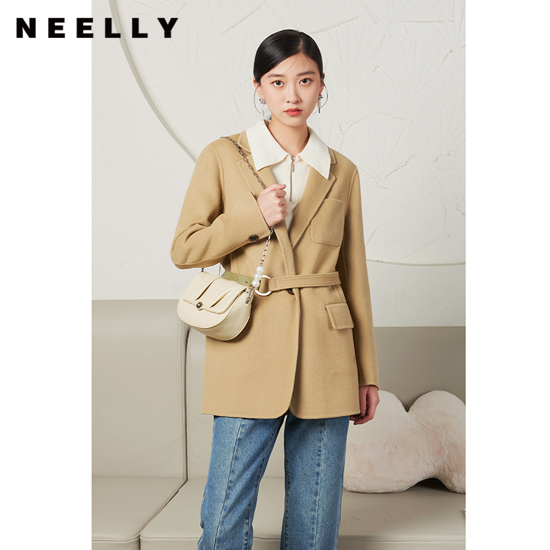 NEELLY纳俪商场同款西装双面呢大衣女收腰系带毛呢外套含羊毛保暖