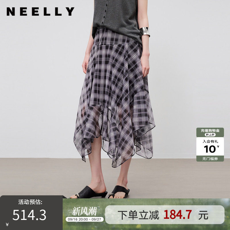 NEELLY纳俪商场同款夏新款设计感不规则格纹雪纺裙女百搭休闲半裙