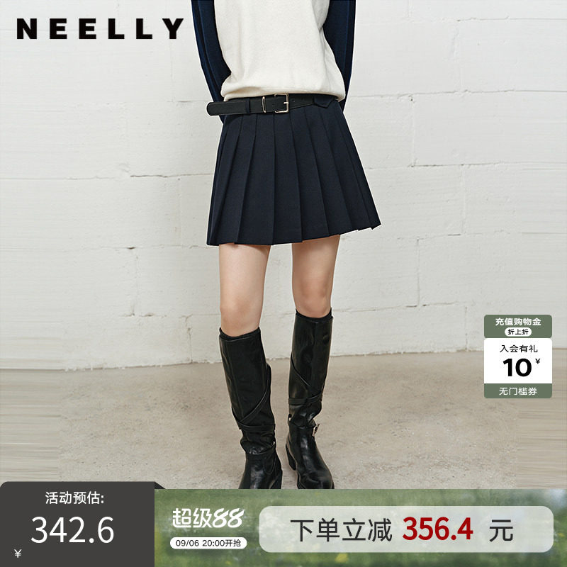 NEELLY纳俪商场同款冬季新款高腰显瘦百褶裙女学院风时髦百搭短裙