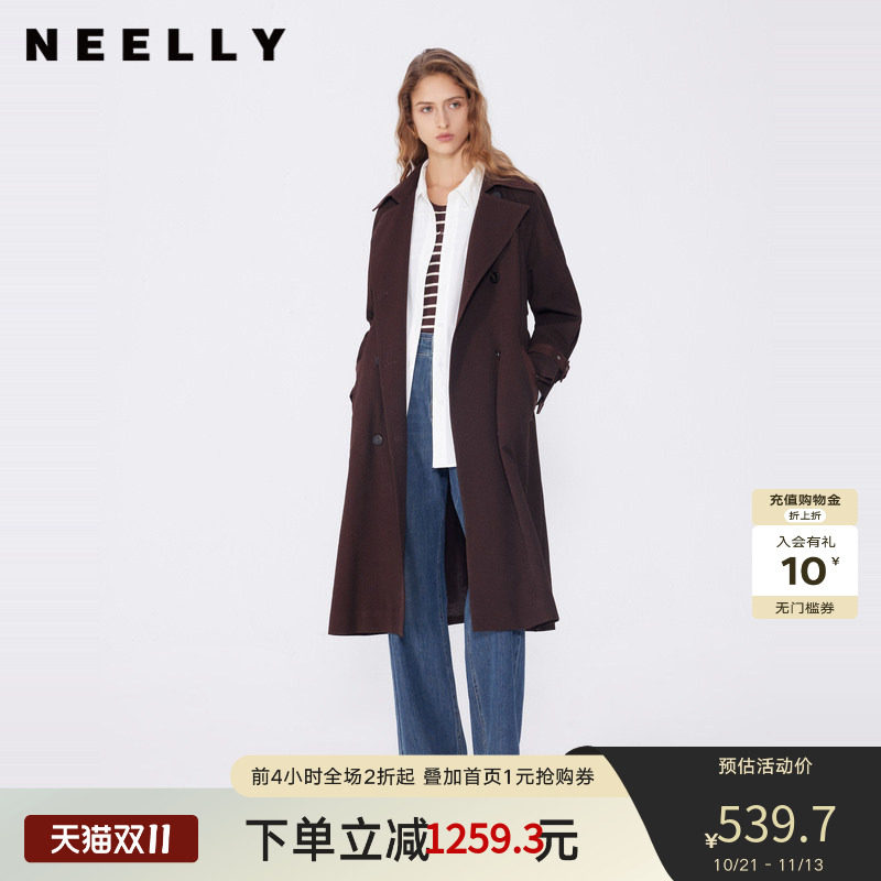 NEELLY纳俪春秋新款商场同款美拉德宽松双排扣风衣女复古长外套
