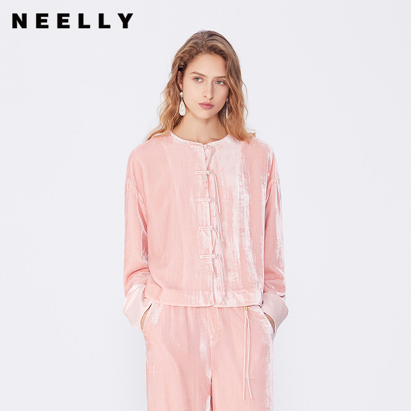 NEELLY纳俪秋冬新款商场同款新中式粉色上衣女新款盘扣休闲短外套