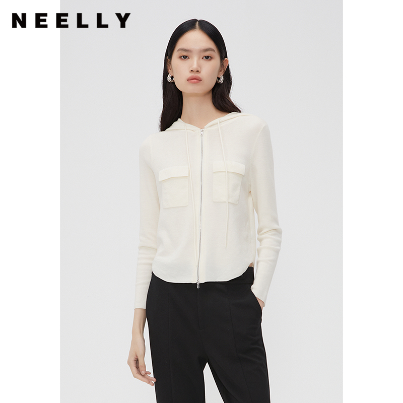 NEELLY纳俪商场同款秋冬绵羊毛针织衫拉链设计感连帽时尚气质开衫