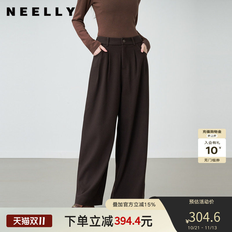 NEELLY纳俪商场同款冬季新款复古高腰阔腿休闲裤女随性百搭长裤
