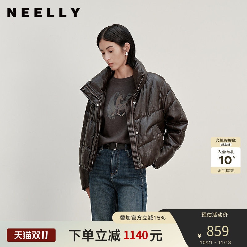 NEELLY纳俪商场同款冬季新款休闲廓形皮质羽绒服女时尚保暖外套