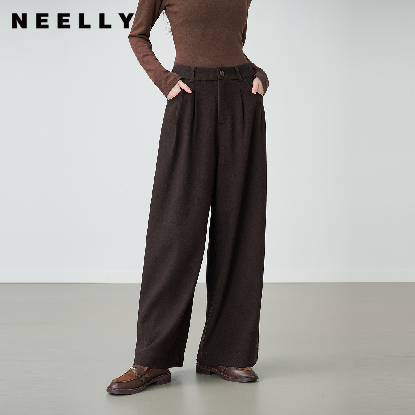 NEELLY纳俪商场同款冬季新款复古高腰阔腿休闲裤女随性百搭长裤