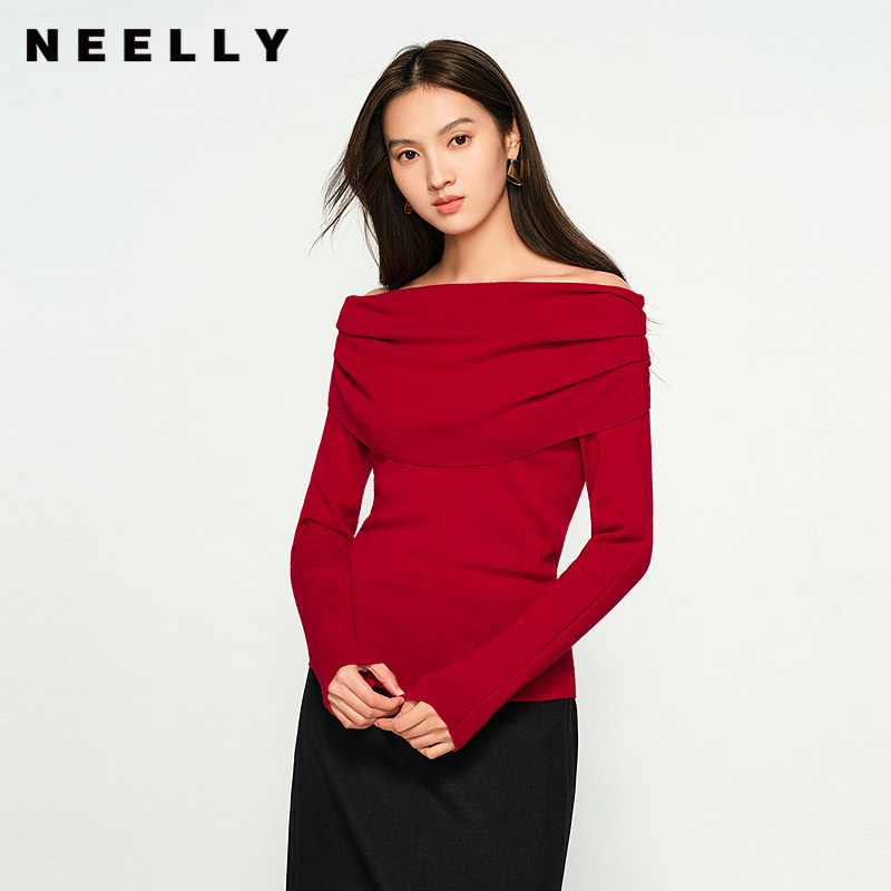 NEELLY纳俪商场同款冬季新款一字肩个性显瘦针织衫女气质简约上衣