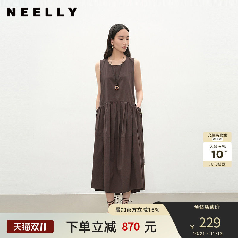 NEELLY纳俪商场同款夏季新款复古圆领背心连衣裙女宽松休闲长裙