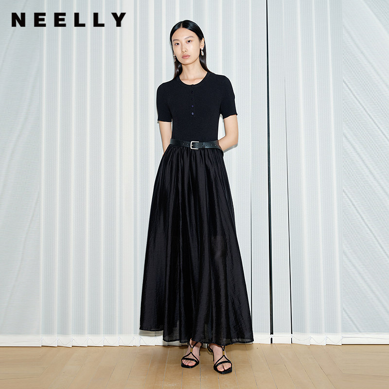NEELLY纳俪商场同款夏新款通勤气质假两件连衣裙女收腰显瘦A字裙