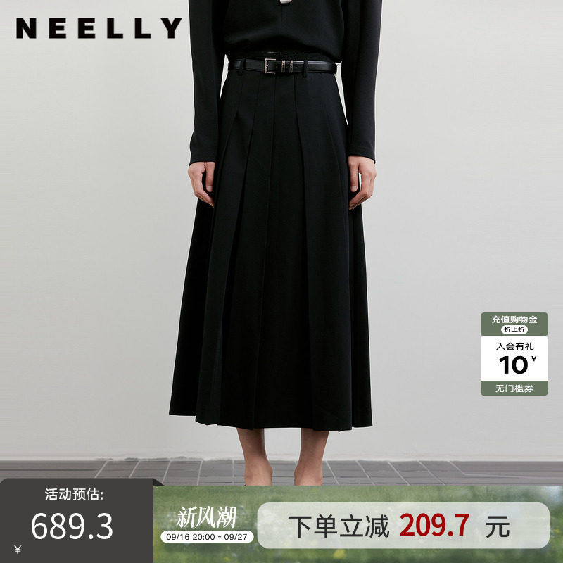 NEELLY纳俪商场同款秋新款时尚优雅百褶半身裙女收腰显瘦A字长裙