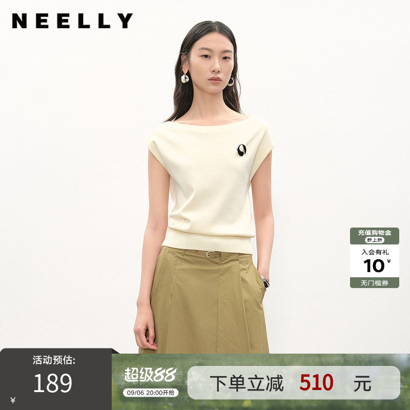 NEELLY纳俪商场同款夏新款设计感一字领针织衫女斜肩两穿显瘦上衣