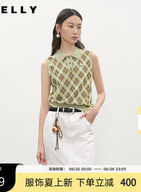 NEELLY纳俪商场同款夏季新款格纹POLO领无袖针织衫女时尚百搭毛衣