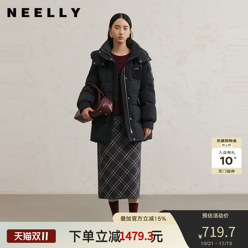 NEELLY纳俪商场同款冬新款连帽中长款休闲通勤羽绒服女90%白鸭绒