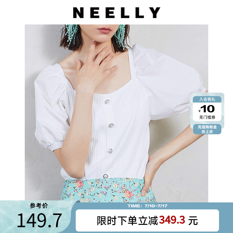 neelly纳俪方领灯笼袖拼接工艺复古套头小衫薄款针织衫
